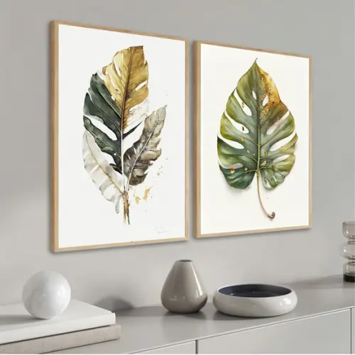 Kit 2 Quadros Decorativos Folhas Verdes Quarto Sala Moldura