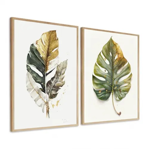 Kit 2 Quadros Decorativos Folhas Verdes Quarto Sala Moldura