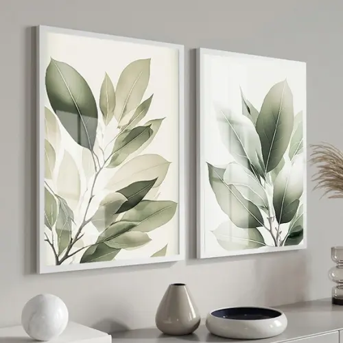 Kit 2 Quadros Decorativos Folhas Verdes Sala Hall com Vidro