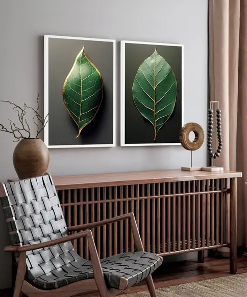 Kit 2 Quadros Decorativos Folhas Verdes Sala Hall Moldura