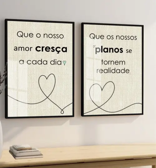 Kit 2 Quadros Decorativos Frases Quarto Casal Moldura Vidro