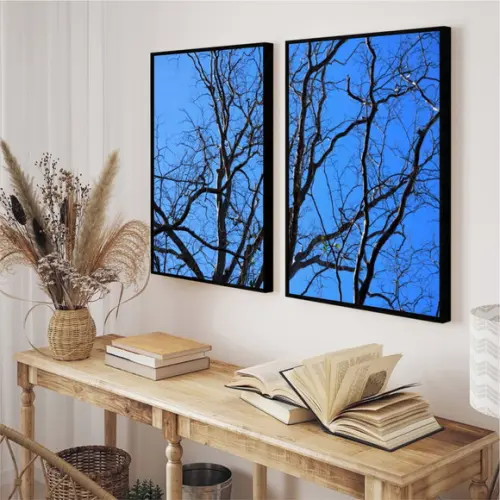 Kit 2 Quadros Decorativos Galhos Céu Azul Paisagem Moldura