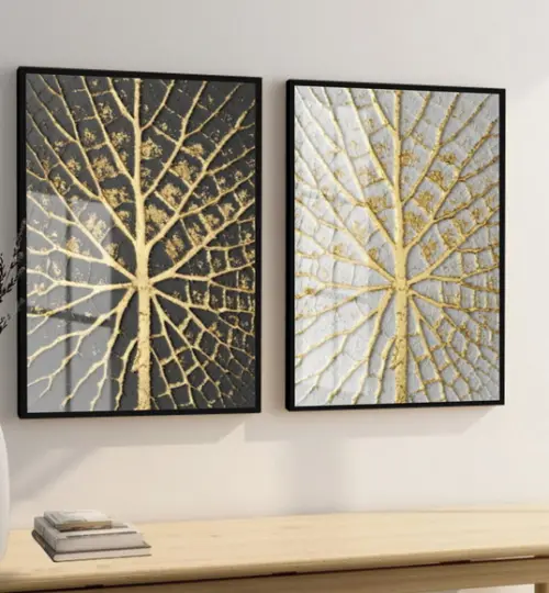 Kit 2 Quadros Decorativos Galhos Dourados Com Moldura Vidro