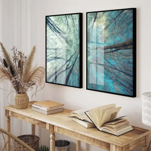 Kit 2 Quadros Decorativos Galhos Paisagem Com Moldura Vidro