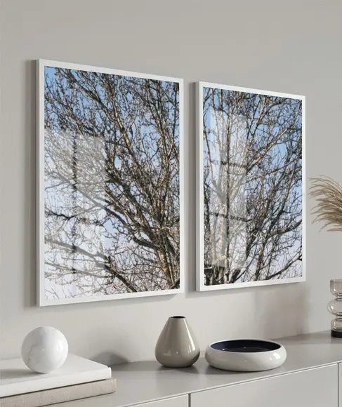 Kit 2 Quadros Decorativos Galhos Paisagem Com Moldura Vidro