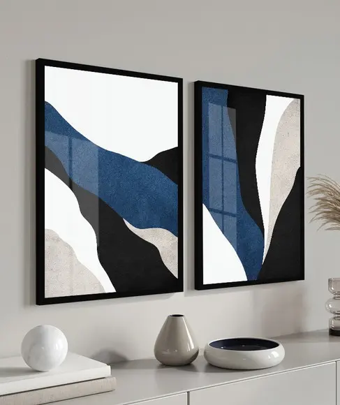 Kit 2 Quadros Decorativos Geométrico Azul com Moldura Vidro