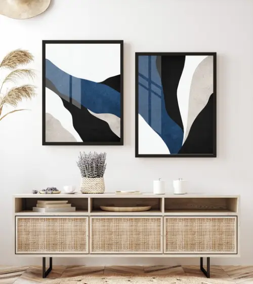 Kit 2 Quadros Decorativos Geométrico Azul com Moldura Vidro