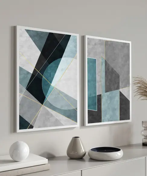 Kit 2 Quadros Decorativos Geométrico Azul Moderno Moldura