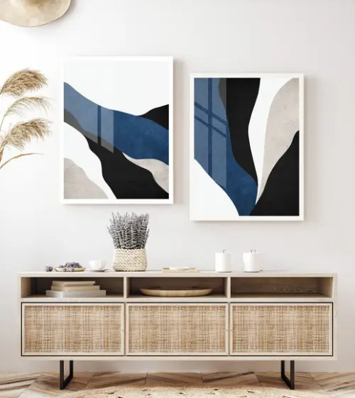 Kit 2 Quadros Decorativos Geométrico Azul Moldura e Vidro