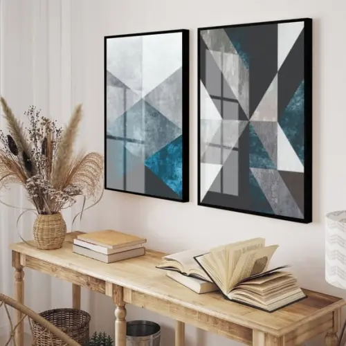 Kit 2 Quadros Decorativos Geométrico Azul Moldura E Vidro