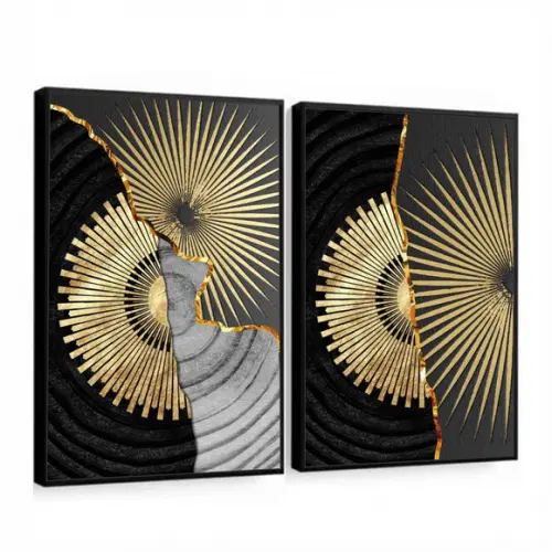 Kit 2 Quadros Decorativos Geométrico Dourado Gold Moldura