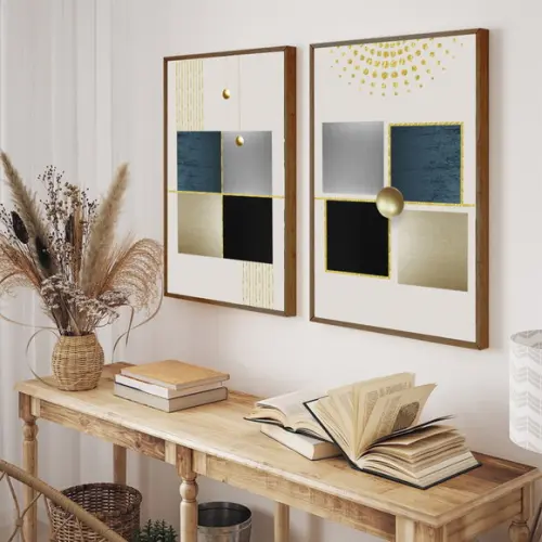 Kit 2 Quadros Decorativos Geométrico Dourado Moderno Moldura