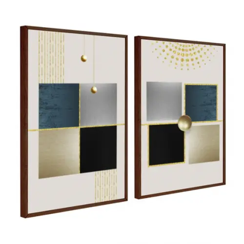 Kit 2 Quadros Decorativos Geométrico Dourado Moderno Moldura