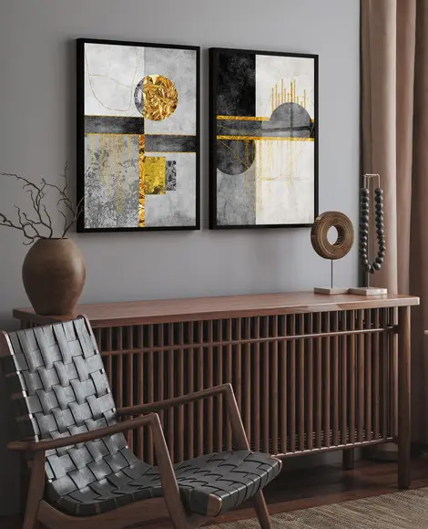 Kit 2 Quadros Decorativos Geométrico Dourado Moldura e Vidro