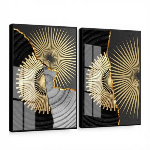 Kit 2 Quadros Decorativos Geométrico Dourado Moldura e Vidro