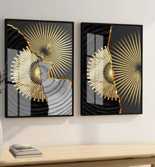 Kit 2 Quadros Decorativos Geométrico Dourado Moldura e Vidro