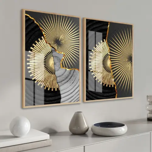 Kit 2 Quadros Decorativos Geométrico Dourado Moldura e Vidro