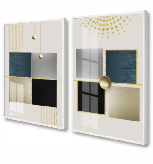 Kit 2 Quadros Decorativos Geométrico Dourado Moldura e Vidro