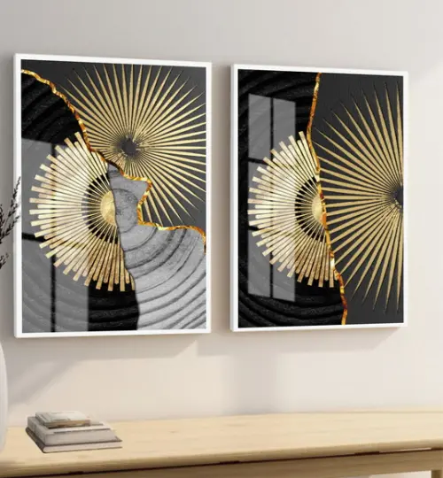 Kit 2 Quadros Decorativos Geométrico Dourado Moldura e Vidro