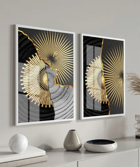 Kit 2 Quadros Decorativos Geométrico Dourado Moldura e Vidro