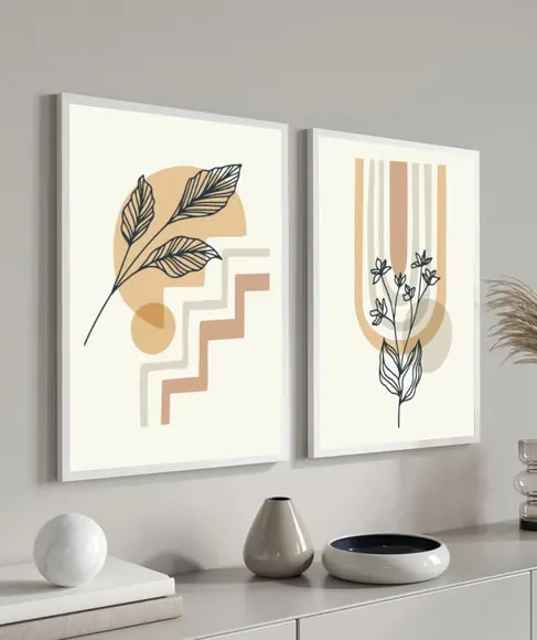 Kit 2 Quadros Decorativos Geométrico Flores Moderno Moldura