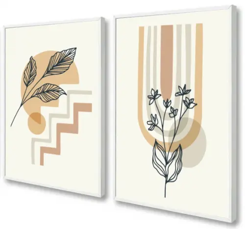 Kit 2 Quadros Decorativos Geométrico Flores Moderno Moldura