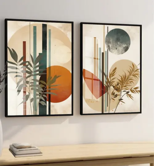 Kit 2 Quadros Decorativos Geométrico Folhas Moldura e Vidro