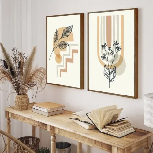 Kit 2 Quadros Decorativos Geométrico Folhagem Com Moldura