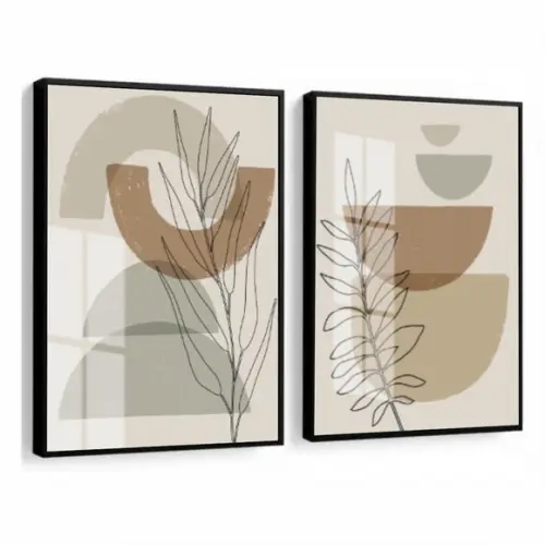 Kit 2 Quadros Decorativos Geométrico Folhas Moldura e Vidro