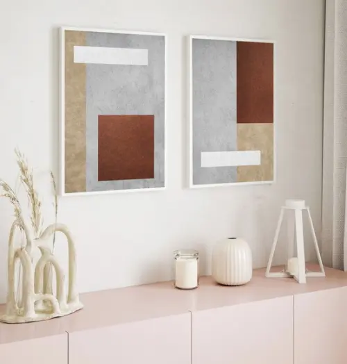 Kit 2 Quadros Decorativos Geométrico Marrom Bege com Moldura