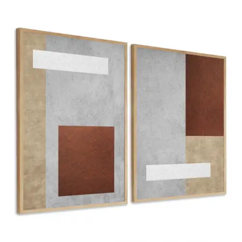 Kit 2 Quadros Decorativos Geométrico Marrom Bege com Moldura