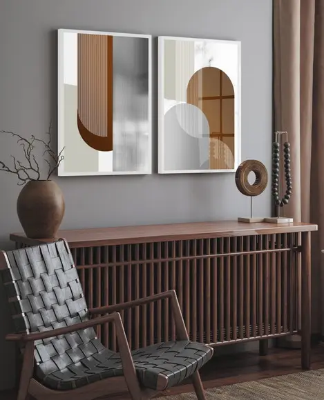Kit 2 Quadros Decorativos Geométrico Marrom Moldura e Vidro