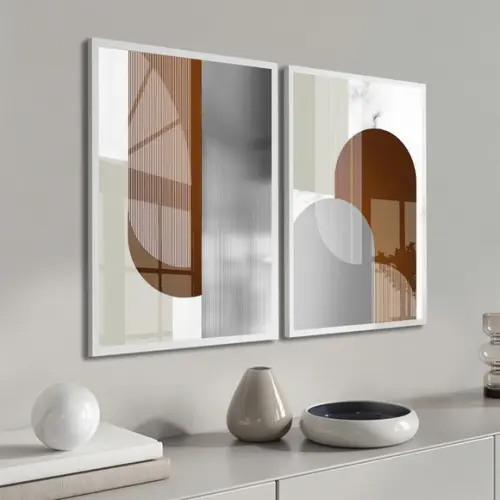 Kit 2 Quadros Decorativos Geométrico Marrom Moldura e Vidro