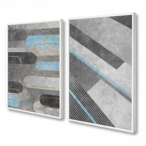 Kit 2 Quadros Decorativos Geométrico Moderno Azul Moldura