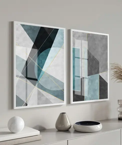 Kit 2 Quadros Decorativos Geométrico Para Sala Moldura Vidro