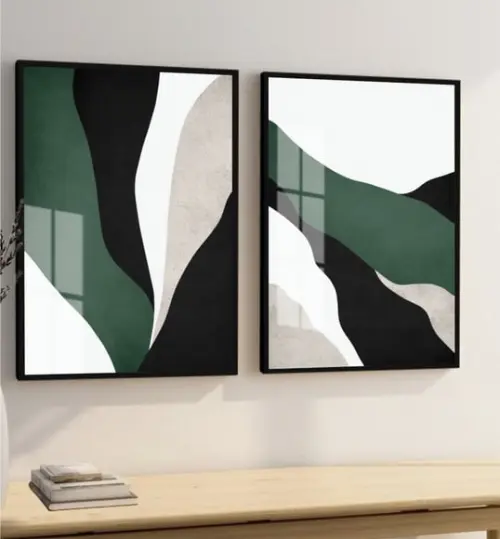 Kit 2 Quadros Decorativos Geométrico Verde com Moldura Vidro