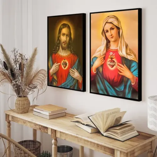 Kit 2 Quadros Decorativos Jesus Cristo Nossa Senhora Moldura