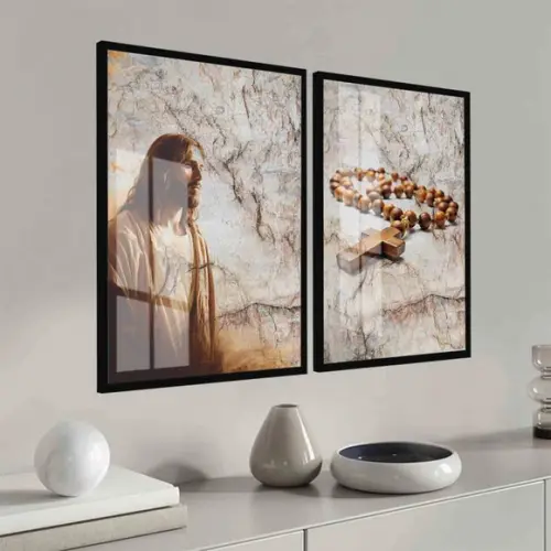 Kit 2 Quadros Decorativos Jesus Cristo Oração Moldura Vidro
