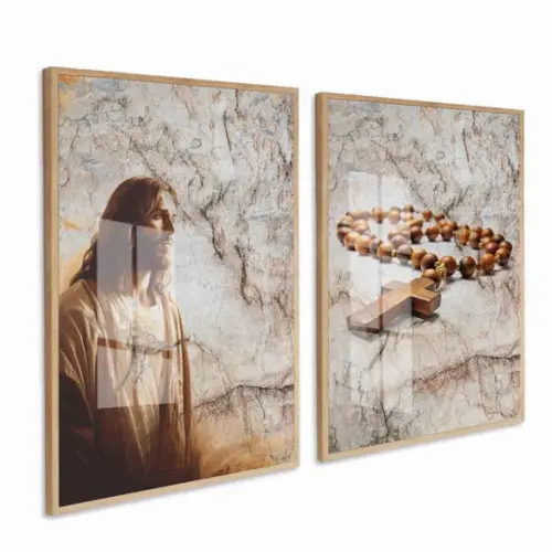 Kit 2 Quadros Decorativos Jesus Cristo Oração Terço Vidro