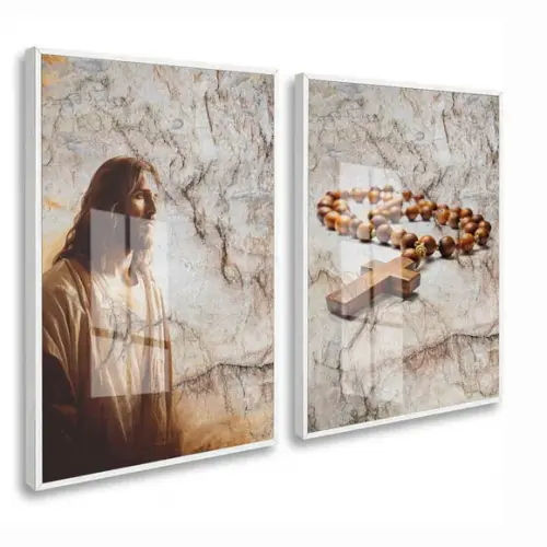 Kit 2 Quadros Decorativos Jesus Cristo Terço Oração Vidro