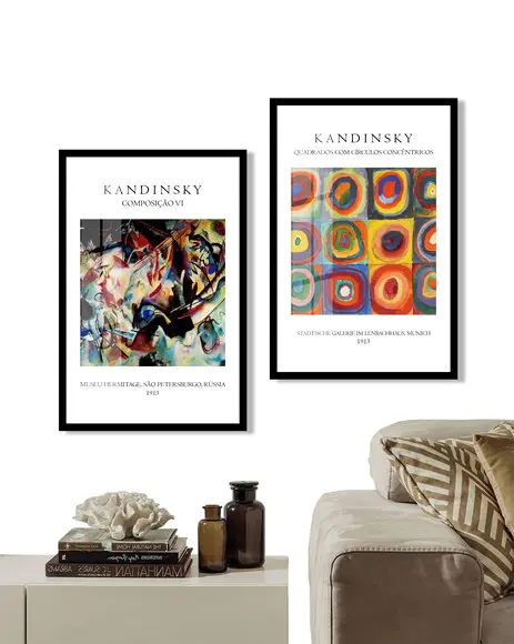Kit 2 Quadros Decorativos Kandinsky Para Sala Hall Moldura