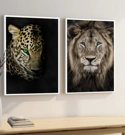 Kit 2 Quadros Decorativos Leão De Judá Onça Animais Moldura