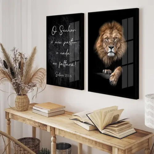 Kit 2 Quadros Decorativos Leão Frases com Moldura e Vidro