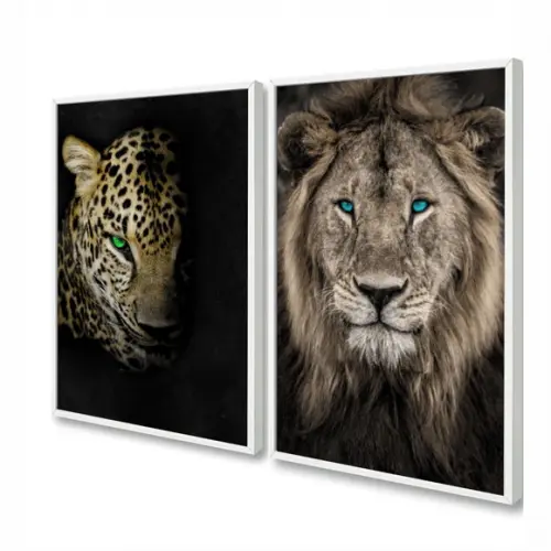 Kit 2 Quadros Decorativos Leão De Judá Onça Animais Moldura
