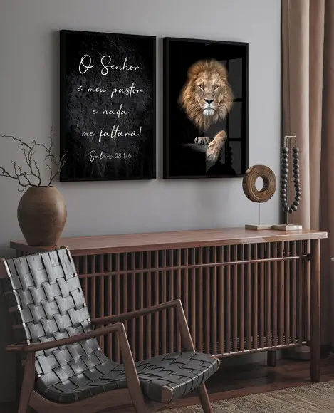 Kit 2 Quadros Decorativos Leão Frases com Moldura e Vidro