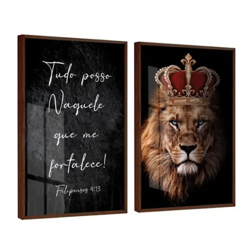 Kit 2 Quadros Decorativos Leão Frases Jesus Moldura e Vidro