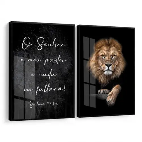 Kit 2 Quadros Decorativos Leão Frases com Moldura e Vidro