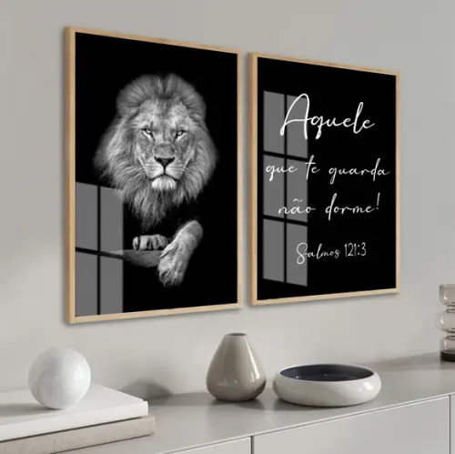 Kit 2 Quadros Decorativos Leão Frases Oração Moldura E Vidro