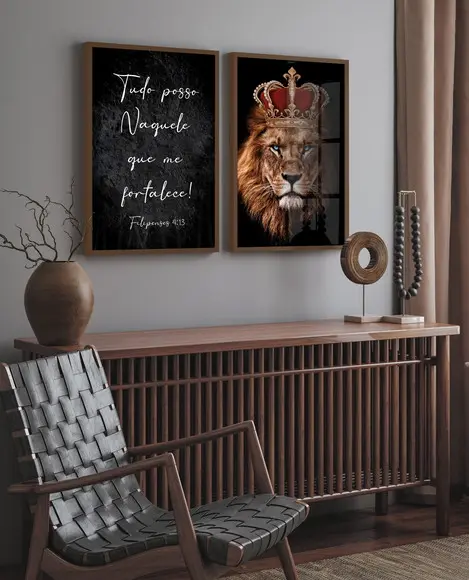 Kit 2 Quadros Decorativos Leão Frases Jesus Moldura e Vidro