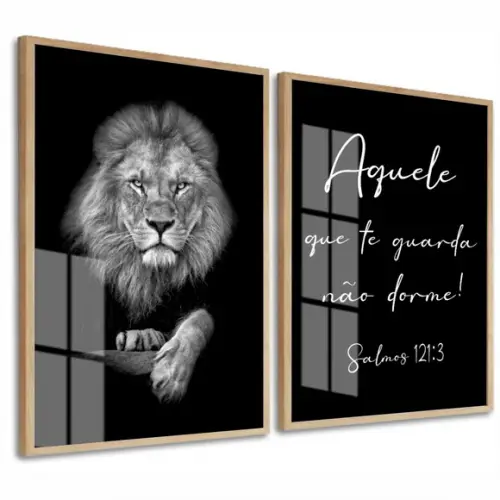 Kit 2 Quadros Decorativos Leão Frases Oração Moldura E Vidro